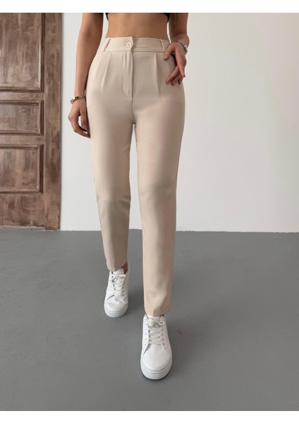 Kadın Yüksek Bel Lastikli Havuç Kesim Pensli Kumaş Pantolon modelleri