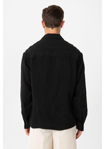 Siyah Oversize Dokulu Erkek Gömlek