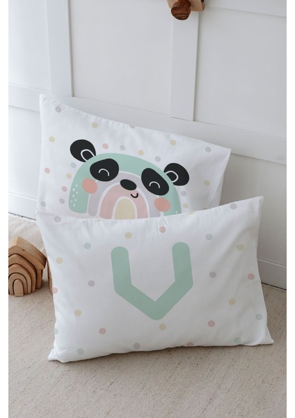 2'li Yastık Kılıfı (35X45) Mint Mavi Panda - Harf Serisi - V Harfi