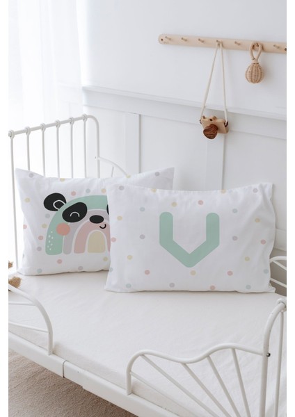 2'li Yastık Kılıfı (35X45) Mint Mavi Panda - Harf Serisi - V Harfi