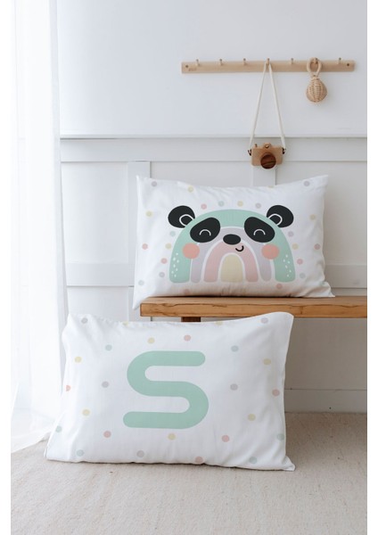 2'li Yastık Kılıfı (50X70) Mint Mavi Panda - Harf Serisi - S Harfi