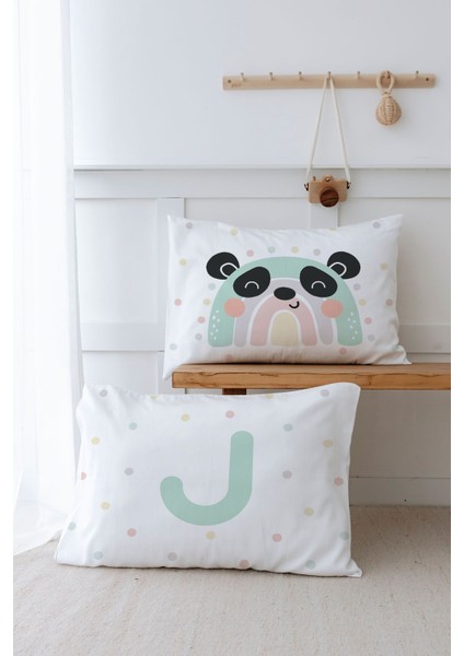 2'li Yastık Kılıfı (35X45) Mint Mavi Panda - Harf Serisi - J Harfi