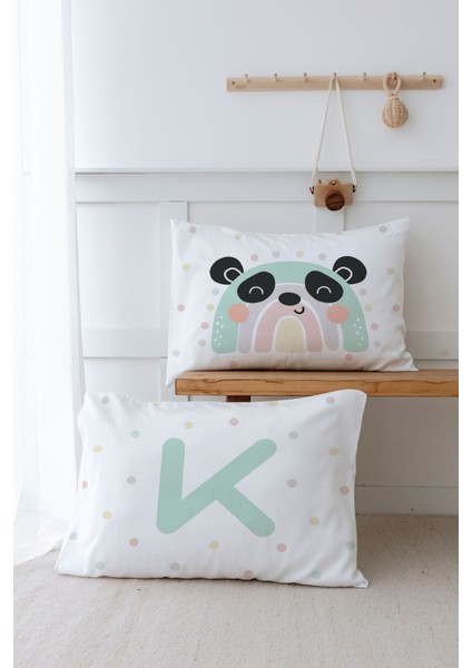 2'li Yastık Kılıfı (50X70) Mint Mavi Panda - Harf Serisi - K Harfi