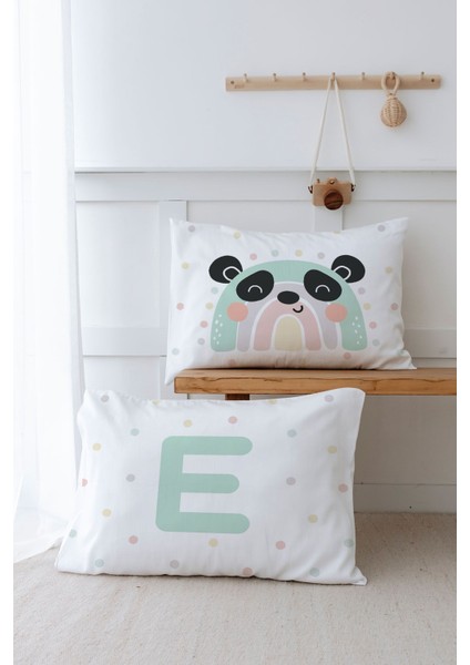 2'li Yastık Kılıfı (50X70) Mint Mavi Panda - Harf Serisi - E Harfi