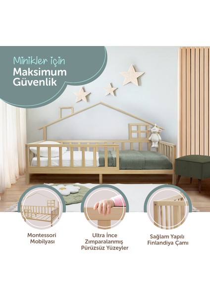 KFB621 Ahşap Çatılı Yer Yatağı – Iskandinav Tarzı Montessori Yatak, 90X200 cm