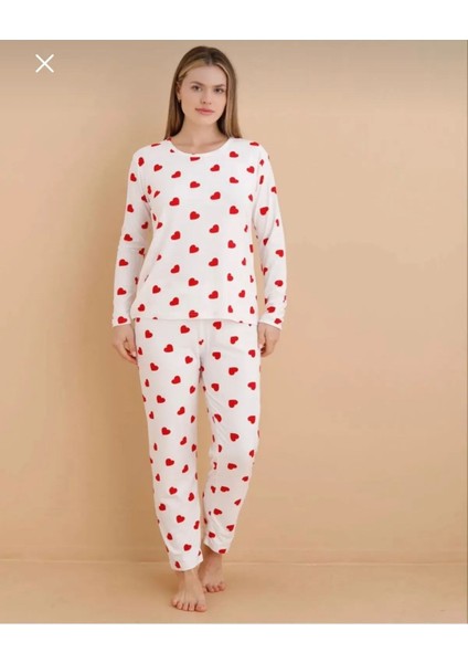 Heart Desen Mevsimlik Viskon Penye Kadın Pijama Takımı-Kalp Desen-Alt Üst Takım -Özel Viskon Kumaş