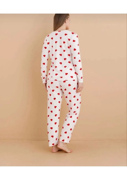 Heart Desen Mevsimlik Viskon Penye Kadın Pijama Takımı-Kalp Desen-Alt Üst Takım -Özel Viskon Kumaş