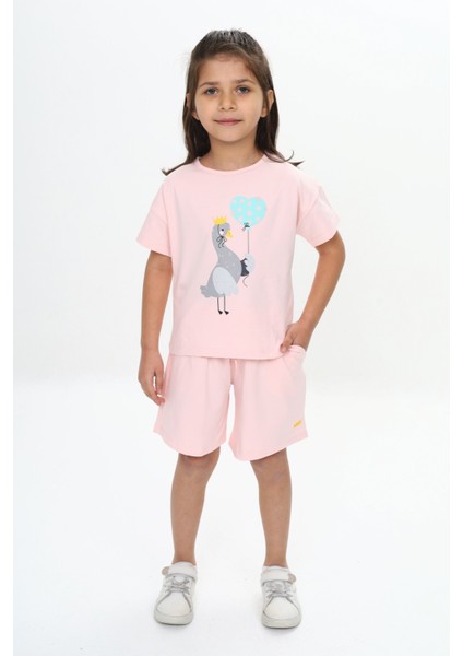 Kız Çocuk Ördek Baskılı Şortlu Takım