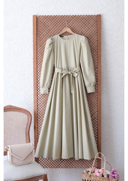 Tesettür Soft Açık Yeşil Poplin Kloş Elbise