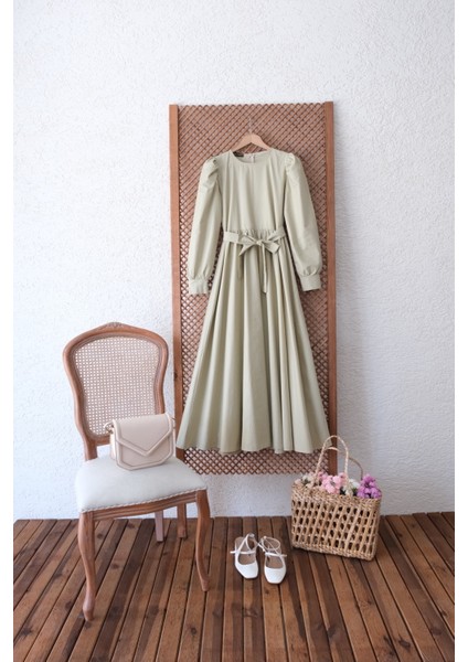 Tesettür Soft Açık Yeşil Poplin Kloş Elbise fiyatları