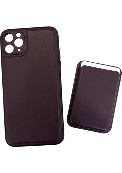 iPhone 11 Pro Max Uyumlu Suni Deri Mıknatıslı Kart Girişli 2 Parça Megan Silikon Kılıf