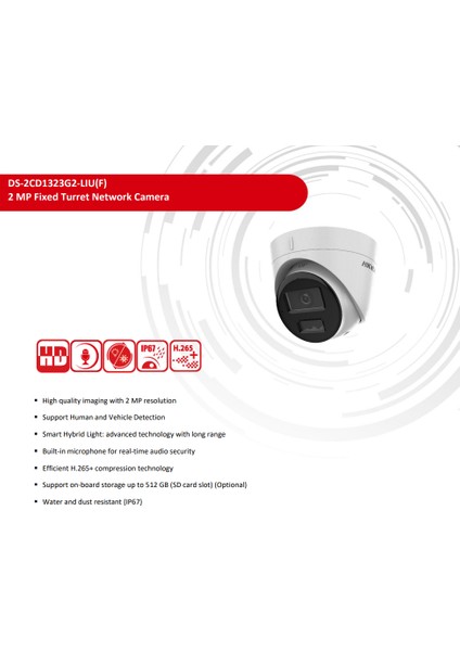 DS-2CD1323G0-IUF Sabit Lens 2.8 mm 2mp Ir Dome Ip Kamera