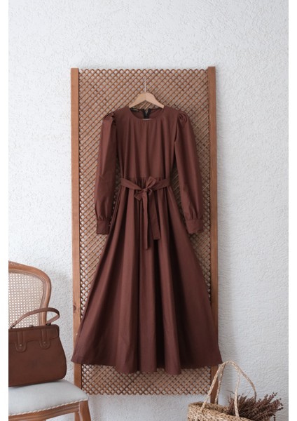 Tesettür Kahverengi Poplin Kloş Elbise fiyatları