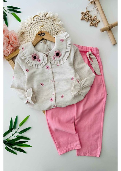 Papatya Örgü Detaylı Kız Çocuk 2 li takım - Pembe