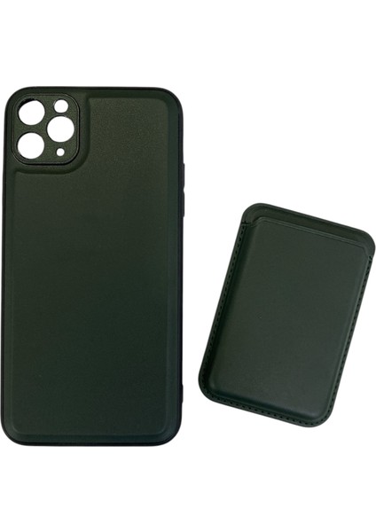 iPhone 11 Pro Max Uyumlu Suni Deri Mıknatıslı Kart Girişli 2 Parça Megan Silikon Kılıf