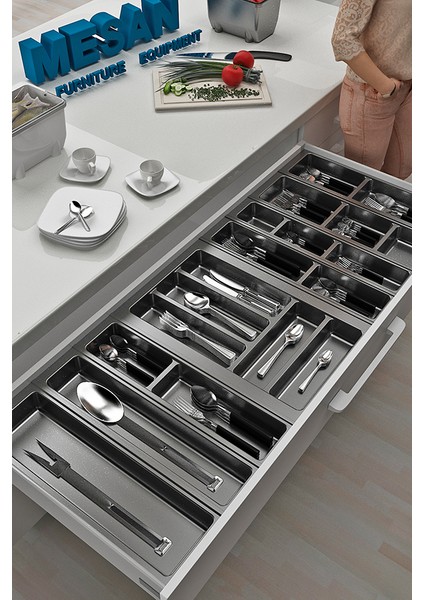 Mutfak Çekmece Içi Düzenleyici, Kaşıklık 114CM x 48CM Yanlar ve Boydan 4cm Kesilebilir, Antrasit