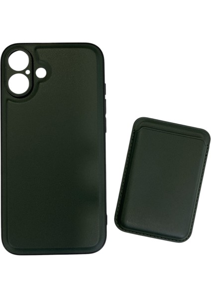 iPhone 16 Plus Uyumlu Suni Deri Mıknatıslı Kart Girişli 2 Parça Megan Silikon Kılıf