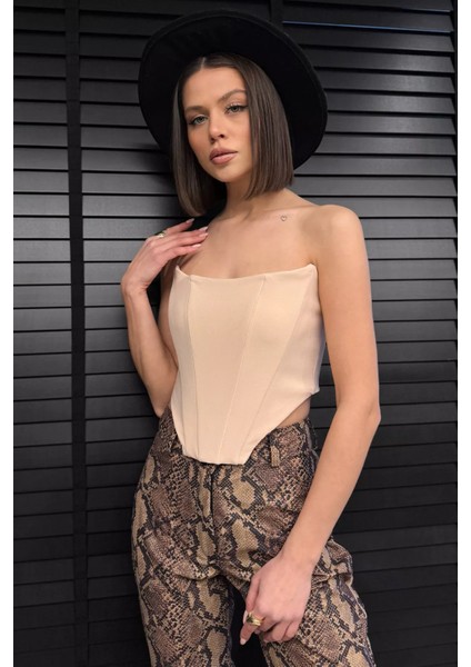 Fermuarlı Straplez Kadın Crop Bluz
