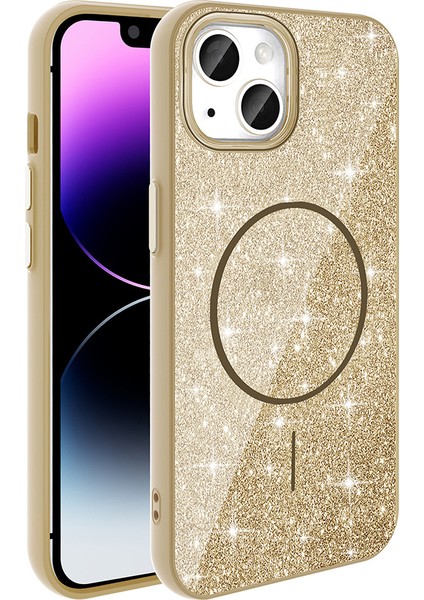 iPhone 14 Kılıf Magsafe Şarj Özellikli Parlayan Simli Okso Kapak Gold fiyatları