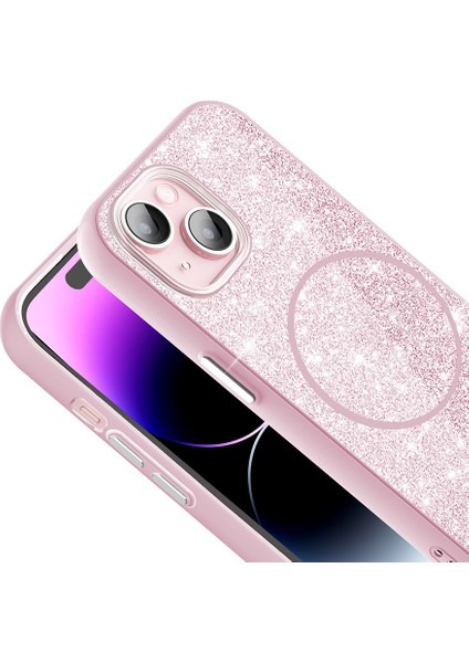 iPhone 15 Plus Kılıf Magsafe Şarj Özellikli Parlayan Simli Okso Kapak Pembe