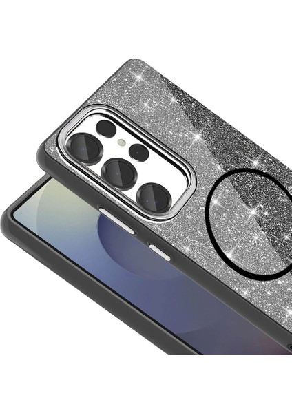 Galaxy S25 Ultra Kılıf Magsafe Şarj Özellikli Parlayan Simli Okso Kapak Siyah modelleri