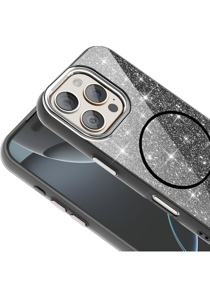 iPhone 16 Pro Kılıf Magsafe Şarj Özellikli Parlayan Simli Okso Kapak Siyah