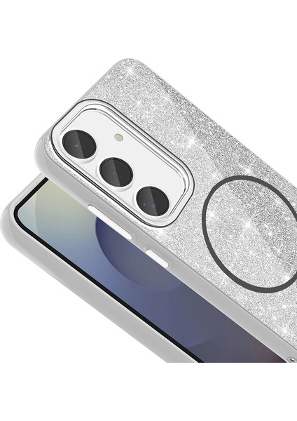 Galaxy S23 Fe Kılıf Magsafe Şarj Özellikli Parlayan Simli Okso Kapak Beyaz
