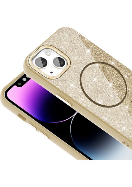 iPhone 13 Kılıf Magsafe Şarj Özellikli Parlayan Simli Okso Kapak Gold modelleri