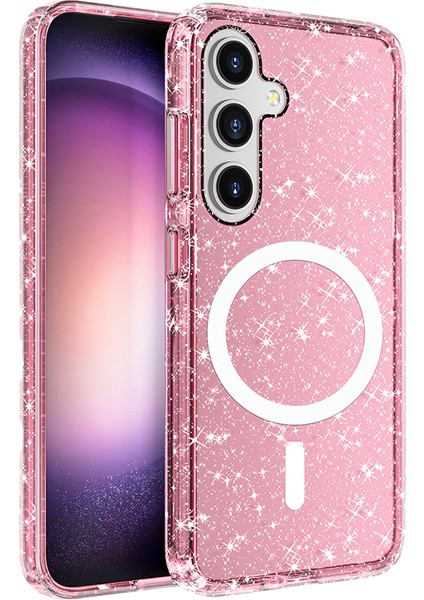 Galaxy S25 Plus Kılıf Magsafe Şarj Özellikli Parlayan Simli Saydam Renkli Allstar Kapak Pembe