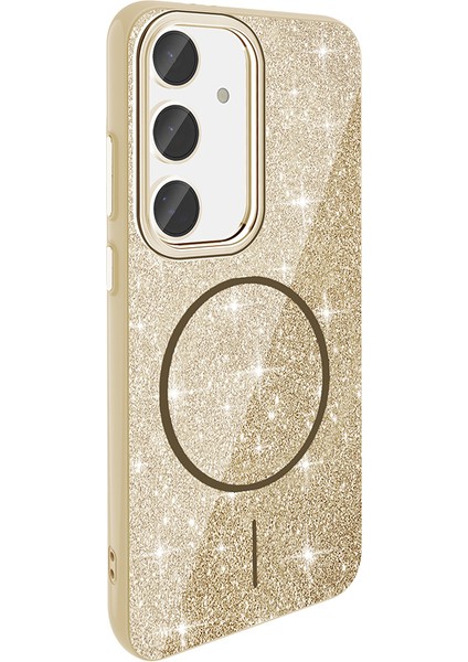 Galaxy S24 Fe Kılıf Magsafe Şarj Özellikli Parlayan Simli Okso Kapak Gold