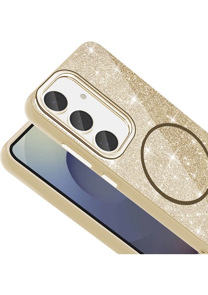 Galaxy S24 Fe Kılıf Magsafe Şarj Özellikli Parlayan Simli Okso Kapak Gold modelleri