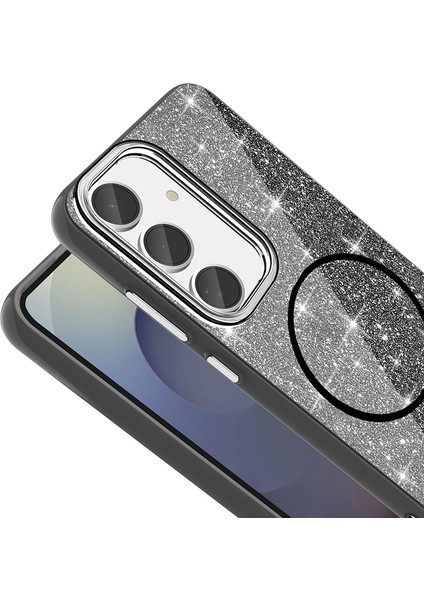 Galaxy S24 Fe Kılıf Magsafe Şarj Özellikli Parlayan Simli Okso Kapak Siyah modelleri