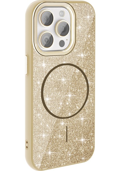 iPhone 15 Pro Kılıf Magsafe Şarj Özellikli Parlayan Simli Okso Kapak Gold