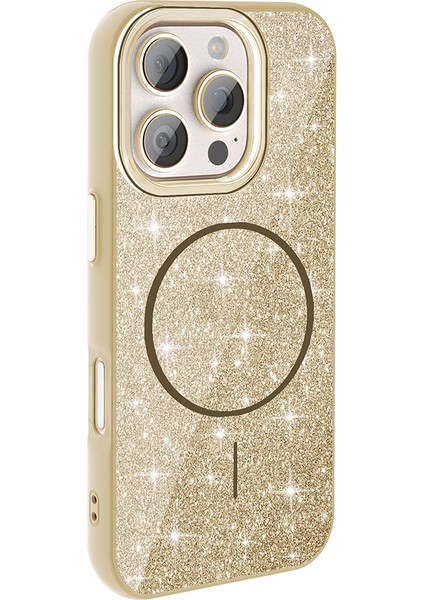 iPhone 16 Pro Kılıf Magsafe Şarj Özellikli Parlayan Simli Okso Kapak Gold
