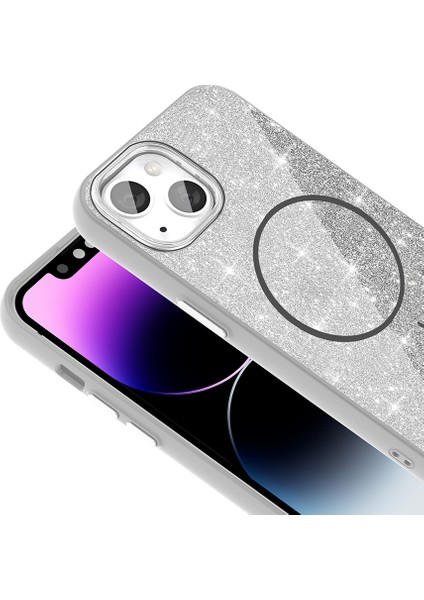 iPhone 14 Kılıf Magsafe Şarj Özellikli Parlayan Simli Okso Kapak Beyaz modelleri