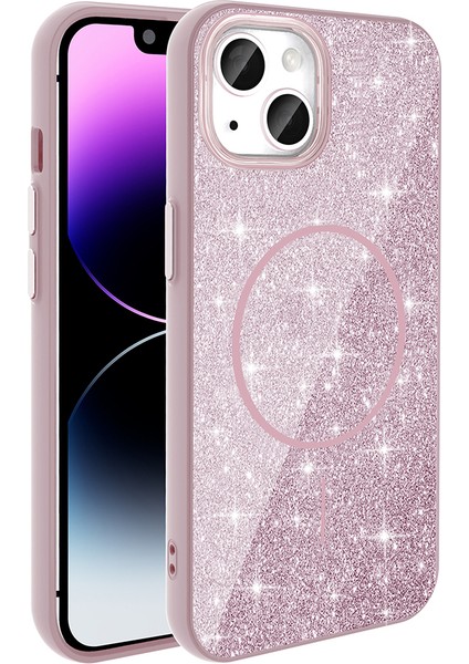 iPhone 11 Kılıf Magsafe Şarj Özellikli Parlayan Simli Okso Kapak Pembe