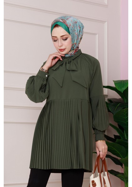 Yakası Fiyonk Detaylı Piliseli Tunik-Haki