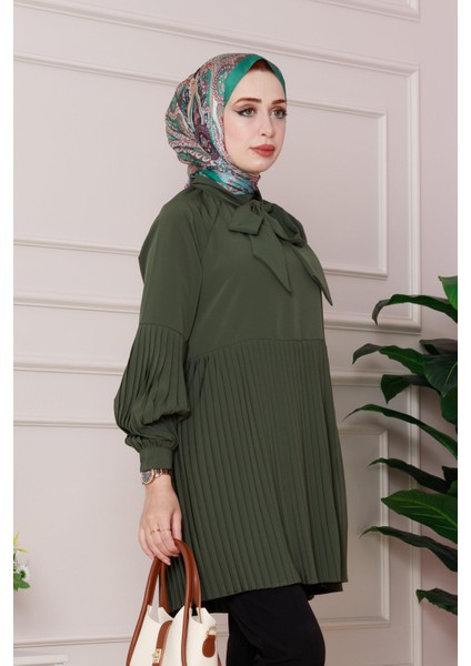 Yakası Fiyonk Detaylı Piliseli Tunik-Haki fiyatları