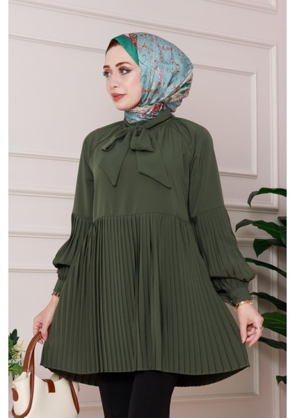 Yakası Fiyonk Detaylı Piliseli Tunik-Haki modelleri