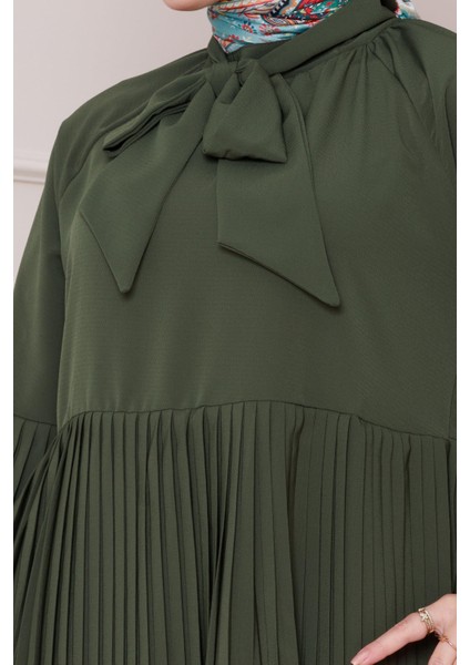 Yakası Fiyonk Detaylı Piliseli Tunik-Haki fırsatları