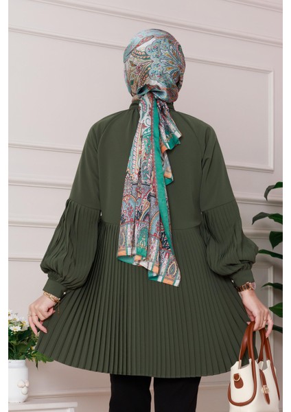 Yakası Fiyonk Detaylı Piliseli Tunik-Haki indirimleri