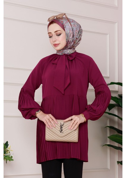 Yakası Fiyonk Detaylı Piliseli Tunik-Mürdüm