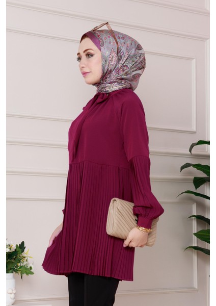 Yakası Fiyonk Detaylı Piliseli Tunik-Mürdüm fiyatları