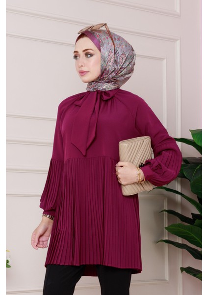 Yakası Fiyonk Detaylı Piliseli Tunik-Mürdüm modelleri