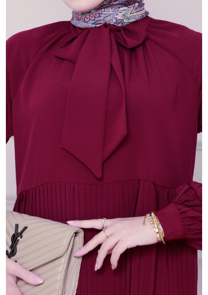 Yakası Fiyonk Detaylı Piliseli Tunik-Mürdüm fırsatları