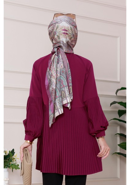 Yakası Fiyonk Detaylı Piliseli Tunik-Mürdüm indirimleri