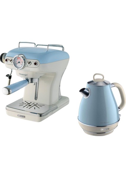 Vintage Mavi Espresso Kahve Makinesi ve 1.7 Litre Kettle Seti