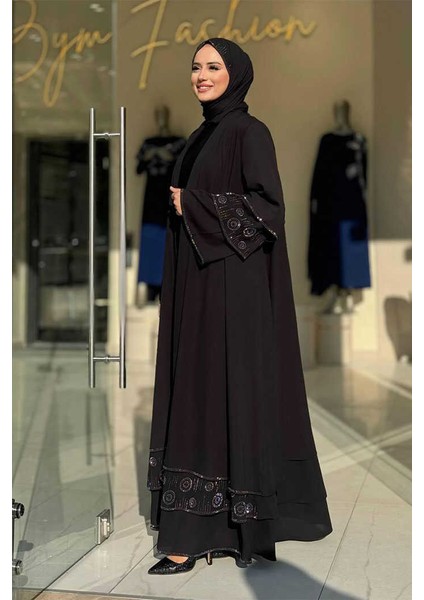 Taş Detaylı Şal ve Abaya Ikili Takım 70001 Siyah modelleri