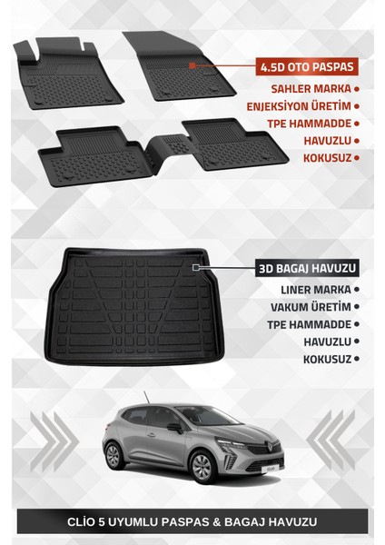Renault Clio 5 2020+ Uyumlu 4.5D Premium Havuzlu Oto Paspas ve Liner Marka 3D Bagaj Havuzu - Clio