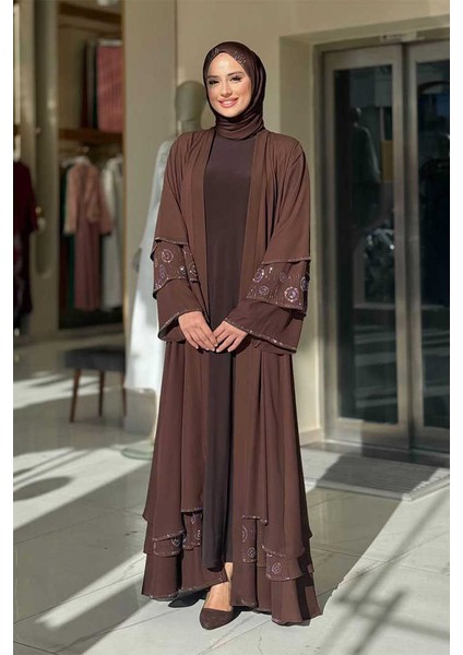 Taş Detaylı Şal ve Abaya Ikili Takım 70001 Kahverengi